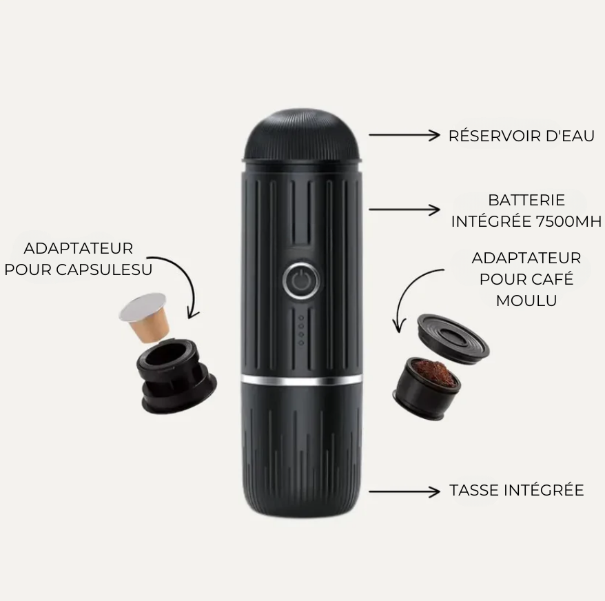 machine à café pas cher portable avec réservoir d’eau intégré, batterie rechargeable de 7500mAh, adaptateurs pour capsules et café moulu, et tasse incluse.