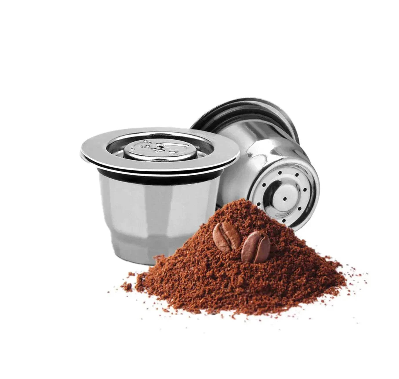 capsule nespresso réutilisable en acier inoxydable avec café moulu.